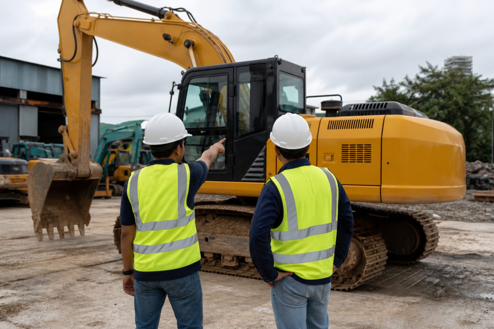 Two workers in high-visibility vests beside a parked tracked excavator in an equipment yard
