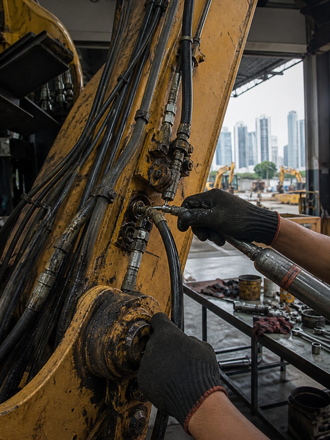 A mechanic servicing the hydraulics on an excavator arm