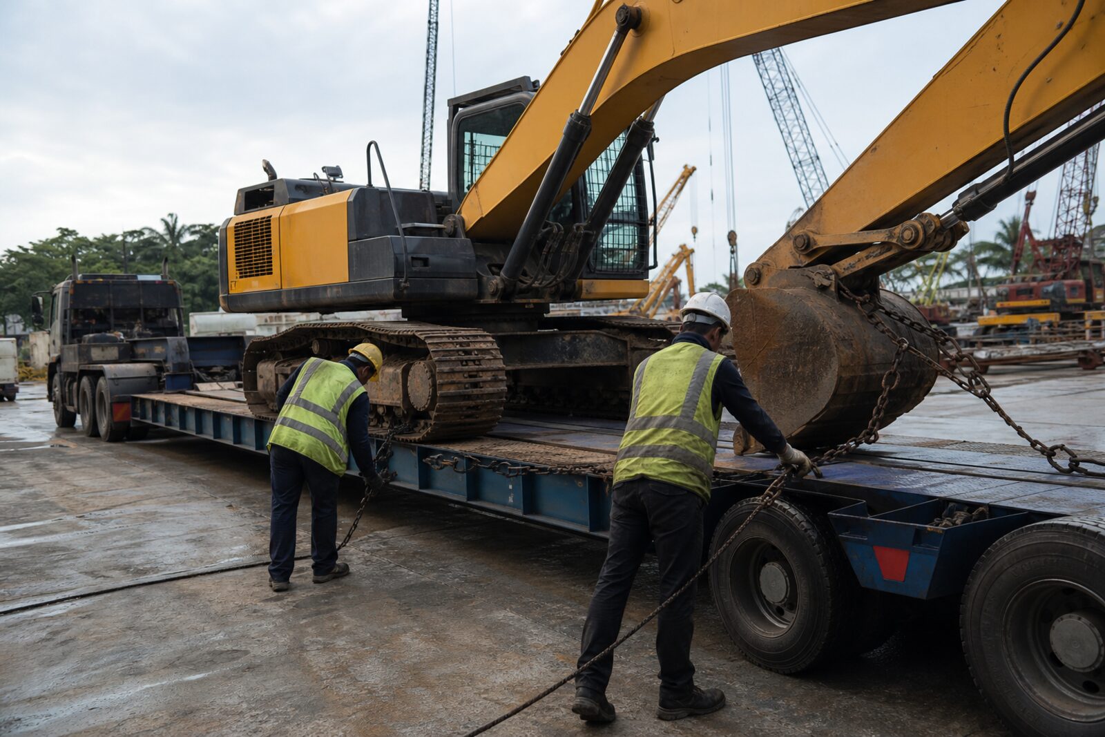 A tracked excavator being chained down onto a transport trailer for delivery