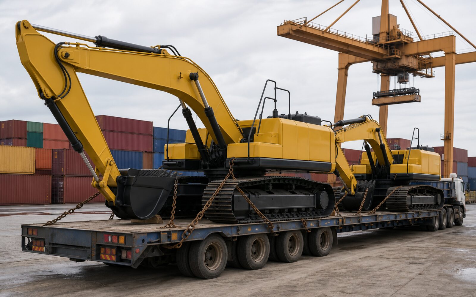 Two tracked excavators chained to a transport trailer at a container port terminal