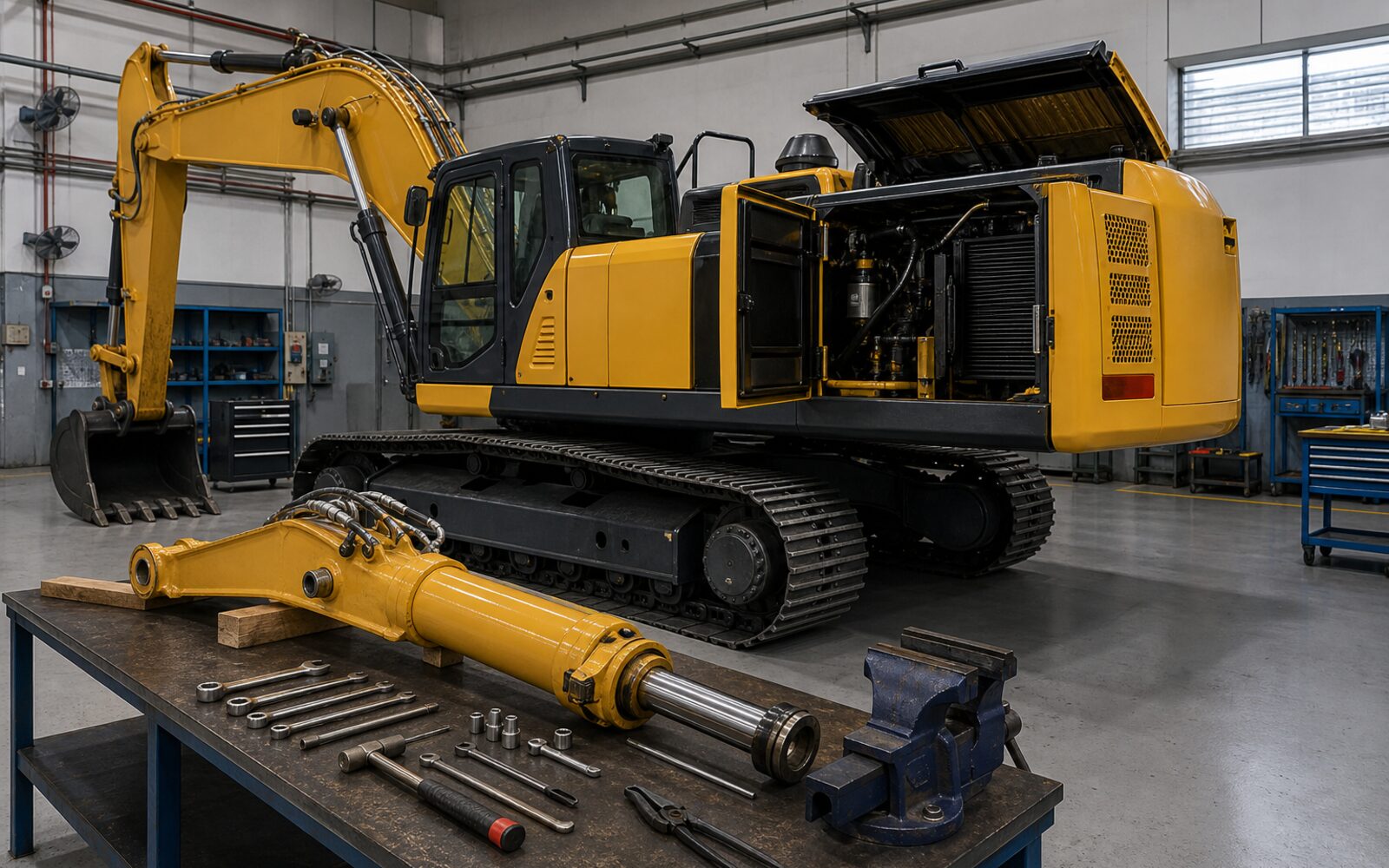 A tracked excavator with its engine side panel open being serviced in a workshop