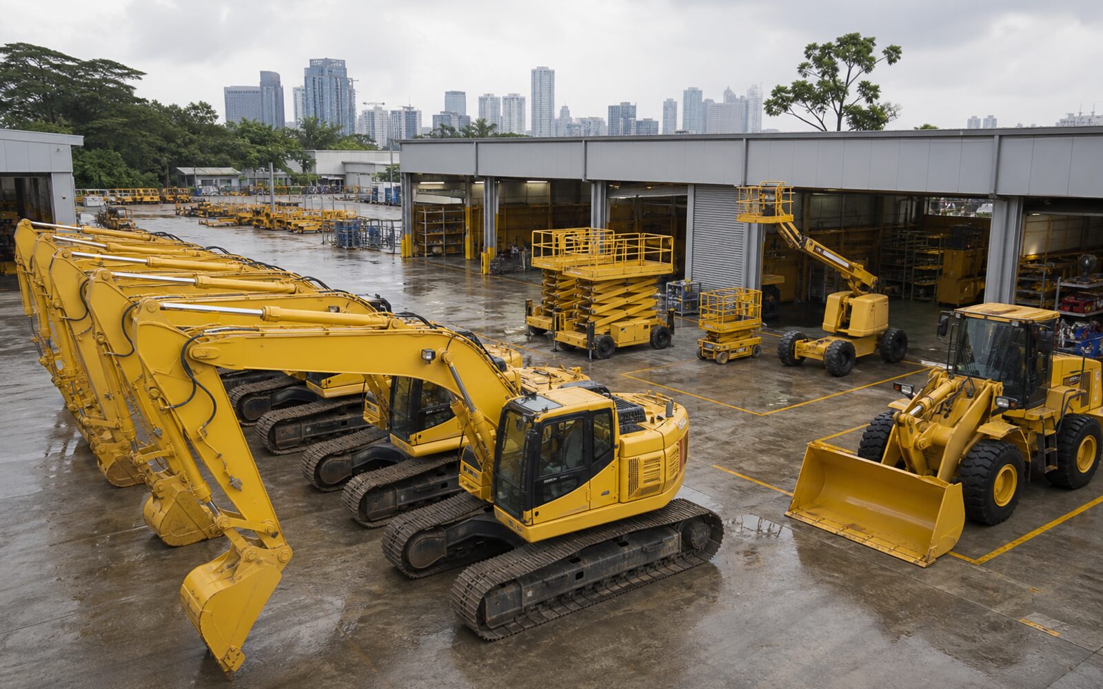 Excavators, a wheel loader and aerial platforms lined up in a Singapore equipment yard