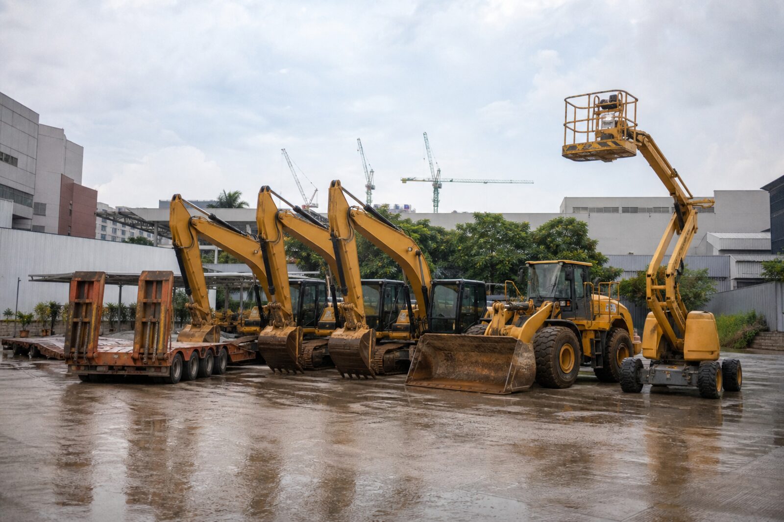 Excavators, a wheel loader and a boom lift lined up ready for dispatch in a Singapore equipment yard